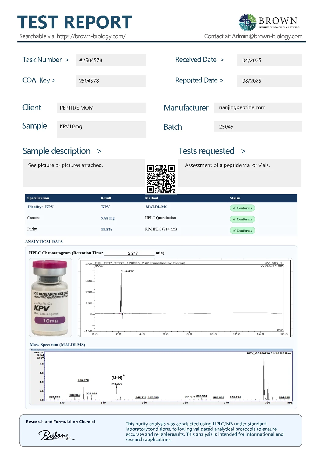 KPV Certificate of Analysis